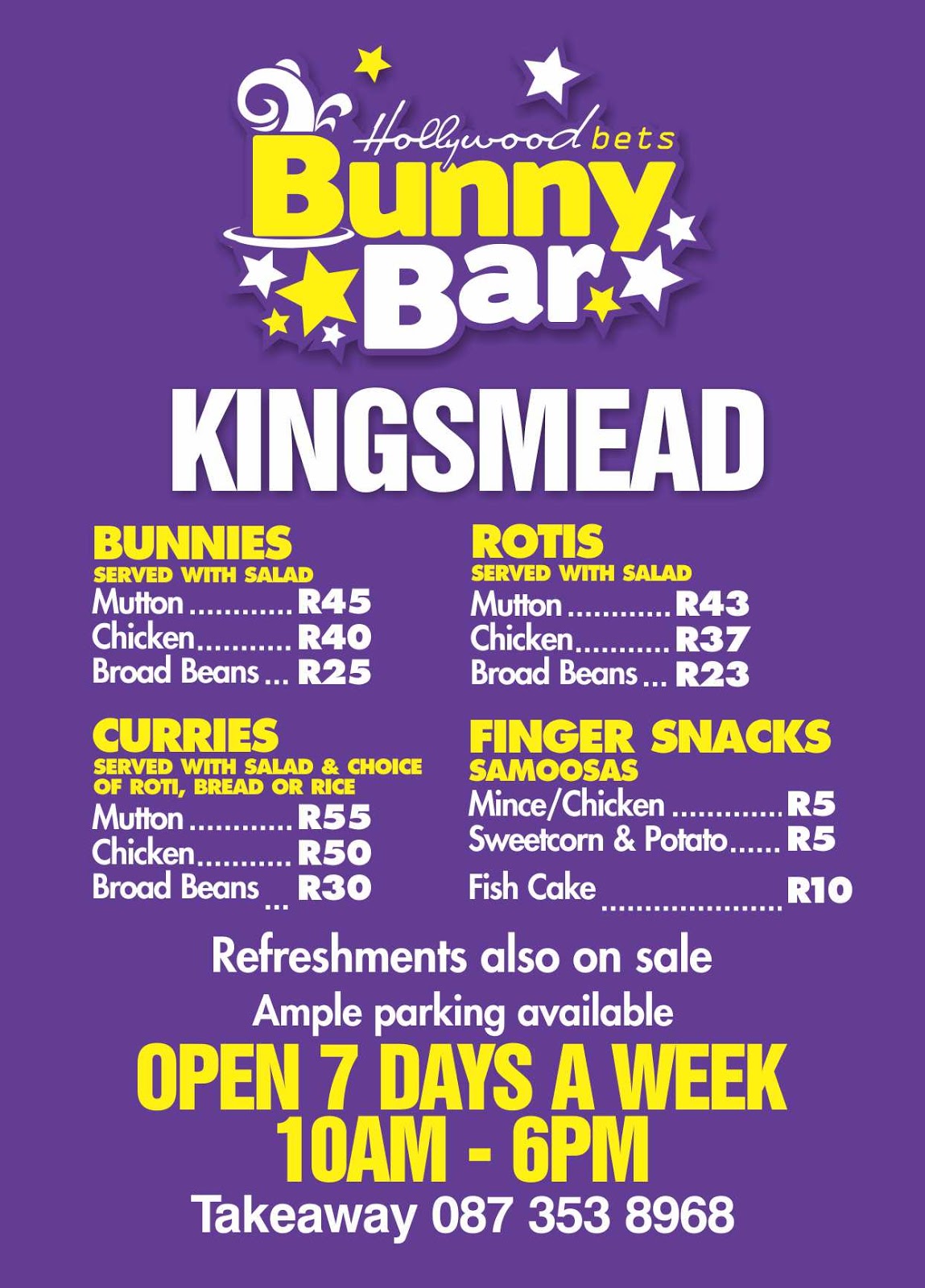Bunny Bar at Kingsmead - Hollywood - Menu