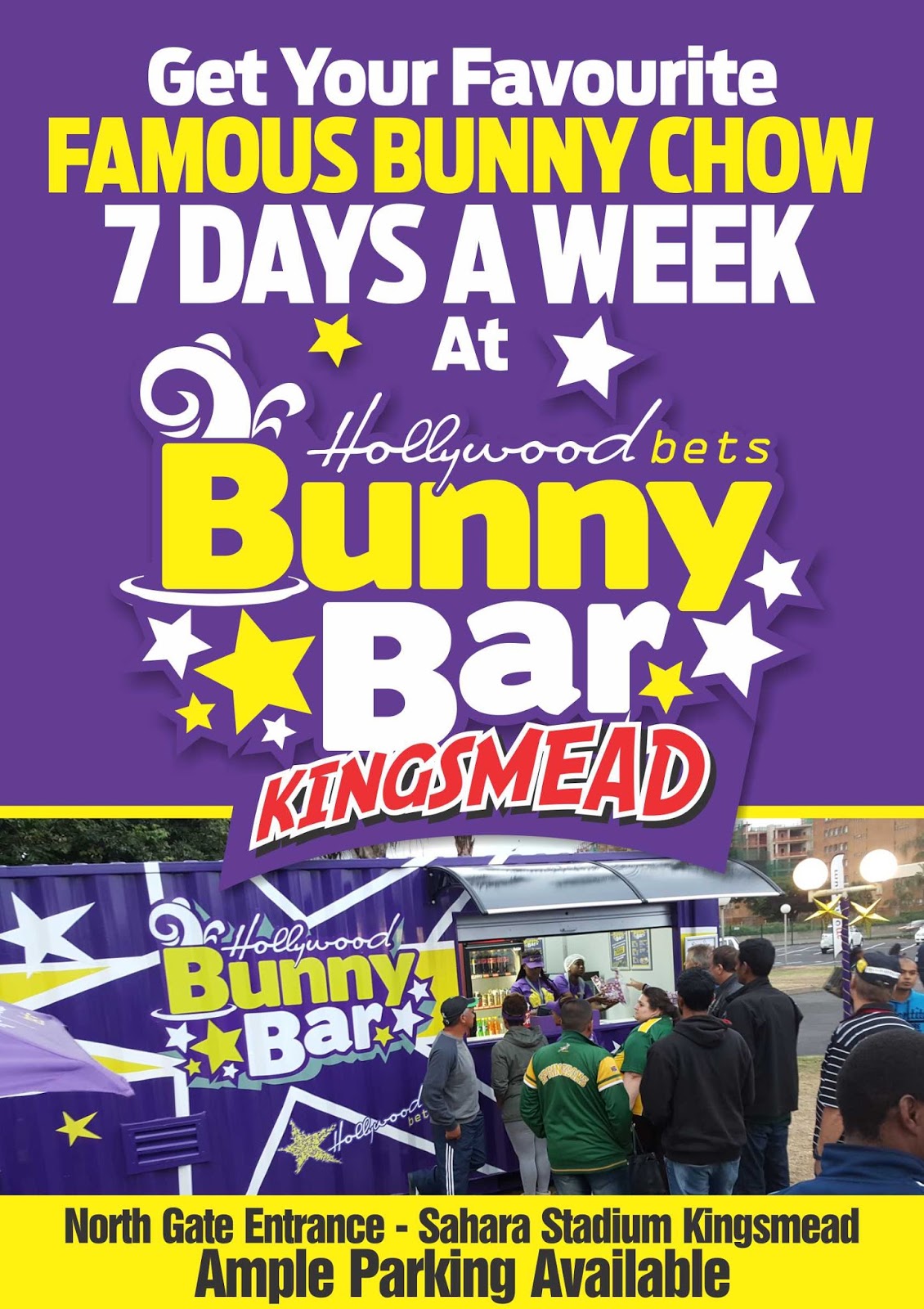 Get your favourite famous bunny chow 7 days a week at Hollywood Bunny Bar at Kingsmead