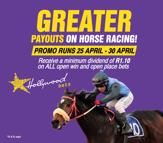Greater Payouts on Horse Racing with Hollywoodbets. Promotion runs 25 April - 30 April. Receive a minimum dividend of R1.10 on ALL open win and open place bets.