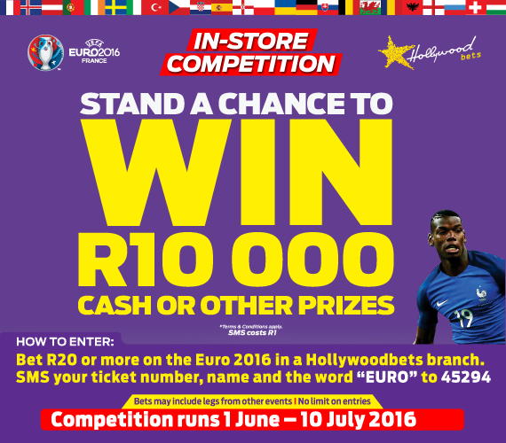 Hollywoodbets is offering you the chance of winning some amazing prizes with our retail Euro 2016 promotion!