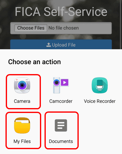 You can either find the files already stored on your computer, or you can take a picture using your camera phone of your documents