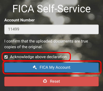 Confirm your documents are true by ticking the declaration box, and then click FICA My Account