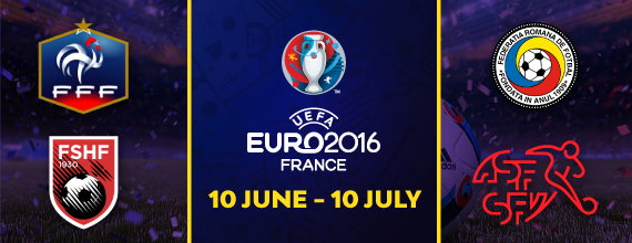 Hollywoodbets Bet Euro 2016 Group A Banner With Link To Our Group A Preview as well as France, Romania, Switzerland, and Albania Country Crests