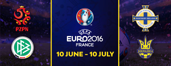 Hollywoodbets' Euro 2016 Group C Preview Banner With Link to Group C Preview as well as images of Germany, Northern Ireland, Poland, and Ukraine's Country Crests