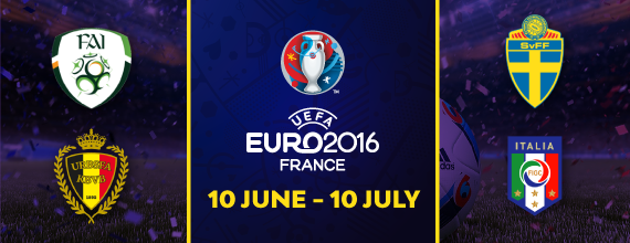 Hollywoodbets' Euro 2016 Group E Banner with Link To Group E Preview As Well As Belgium, Italy, Republic Of Ireland, And Sweden's Country Crests