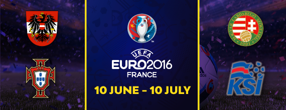 Hollywoodbets' Euro 2016 Group F Banner With Link To Group Betting Preview As Well As Austrai, Hungary, Iceland, And Portugal's Country Crests