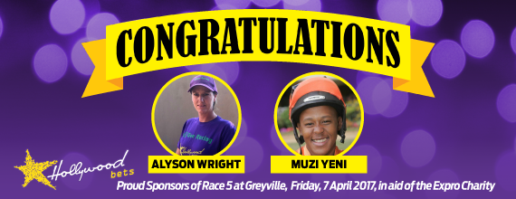 Hollywoodbets Sponsored race winners - trainer Alyson Wright and jockey Muzi Yeni
