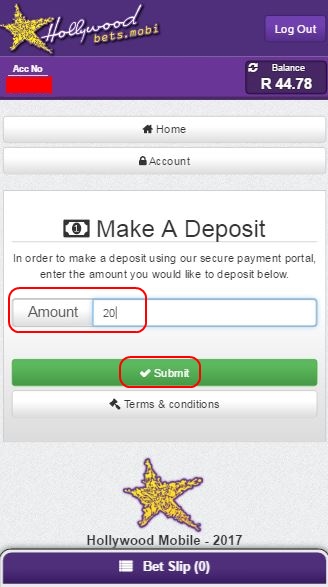 Enter Deposit Amount and click Submit - Hollywoodbets Mobisite - Make a Deposit