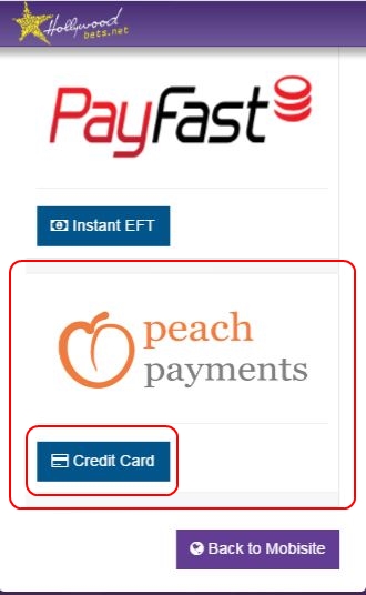 Select Peach Payments - Click Credit Card - Hollywoodbets Mobisite - Deposit