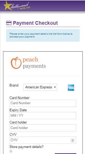Fill in Credit Card Details - Peach Payments - Hollywoodbets - Deposit Method