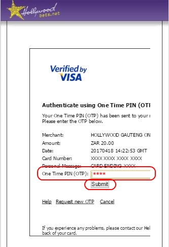 Enter OTP - Verified by Visa authorisation page - Hollywoodbets - Peach Payments Deposit Method