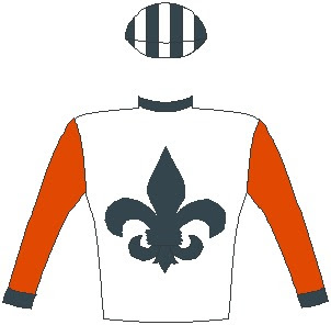 Brazuca - Jockey Silks - Horse Racing - White, black fleur de lys, red sleeves, black collar and cuffs, black and white striped cap