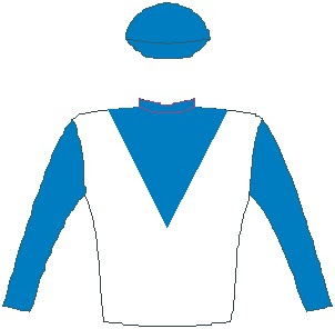 Elusive Silva - Jockey Silks - White, blue v bib, blue sleeves and cap - Horse Racing