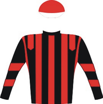 Nebula - Jockey Silks - Vodacom Durban July - Black, red stripes and epaulettes, black sleeves with two red hoops, red cap, white peak - Owner - Mr Edmond Siu