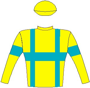 Saratoga Dancer - Jockey Silks - Yellow, turquoise braces, hoop and armband, yellow cap - Horse Racing - South Africa
