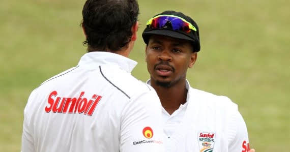 Khaya Zondo discusses with Robbie Frylinck (Credit: Anesh Debiky) - Sunfoil Series - Hollywoodbets Dolphins - Cricket