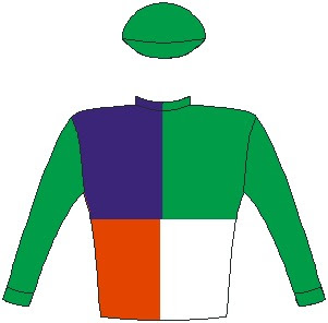 Copper Force - jockey silks - Royal blue, emerald green, red and white quartered, emerald green sleeves and cap