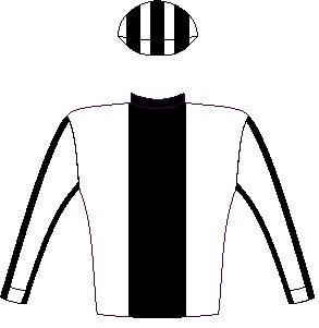 Silicone Valley - jockey silks - White, black stripe, white sleeves, black seams, striped cap