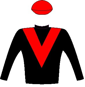 Coral Fever - Jockey Silks - Black, red chevron, black sleeves, red cap