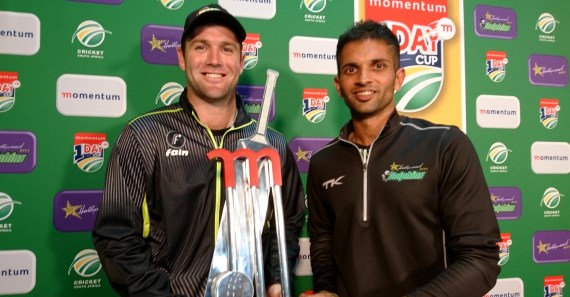 Jon-Jon Smuts and Keshav Maharaj holding the Momentum One Day Cup trophy. The trophy was shared between the Warriors and the Hollywoodbets Dolphins.