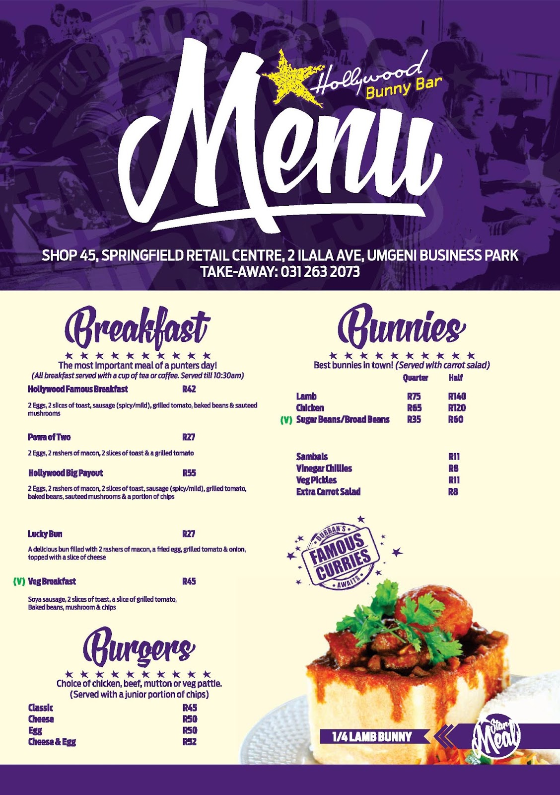 Hollywood Bunny Bar Menu - Page 1 - Breakfast, Bunny Chows, Burgers
