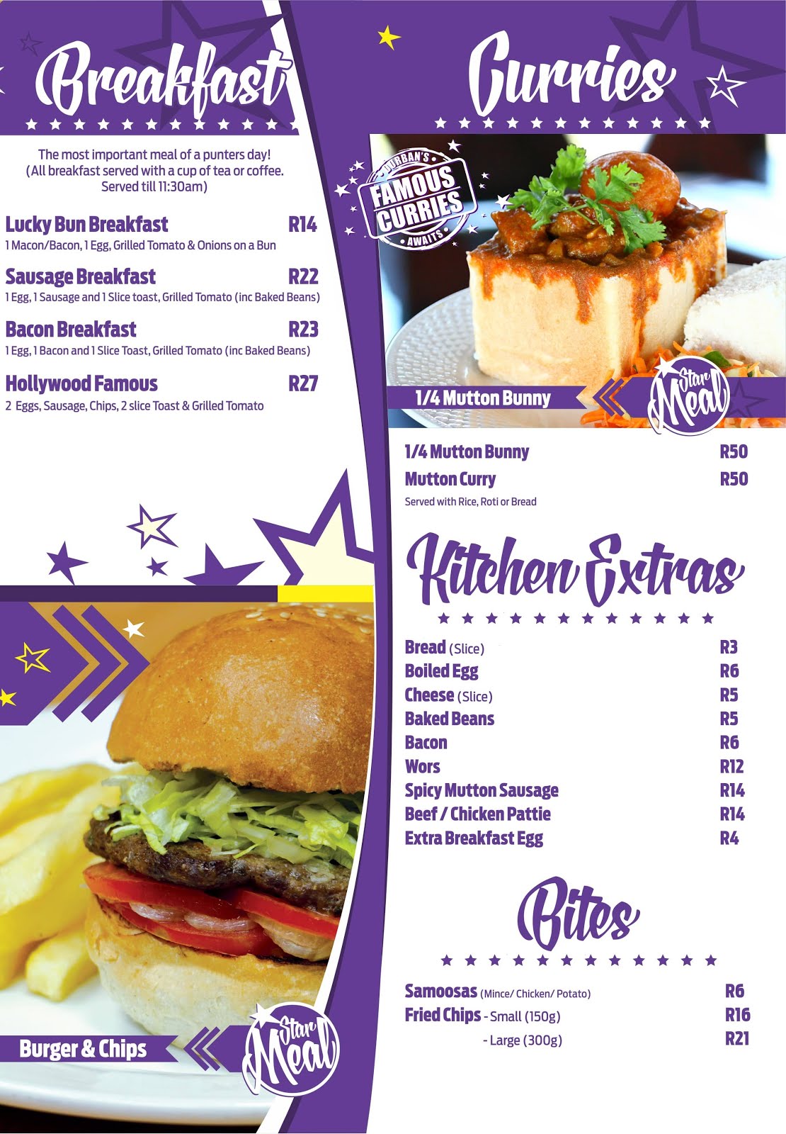Hollywoodbets Newton Park Menu - Breakfast, Curries, Bunny Chows, Kitchen Extras, Bites