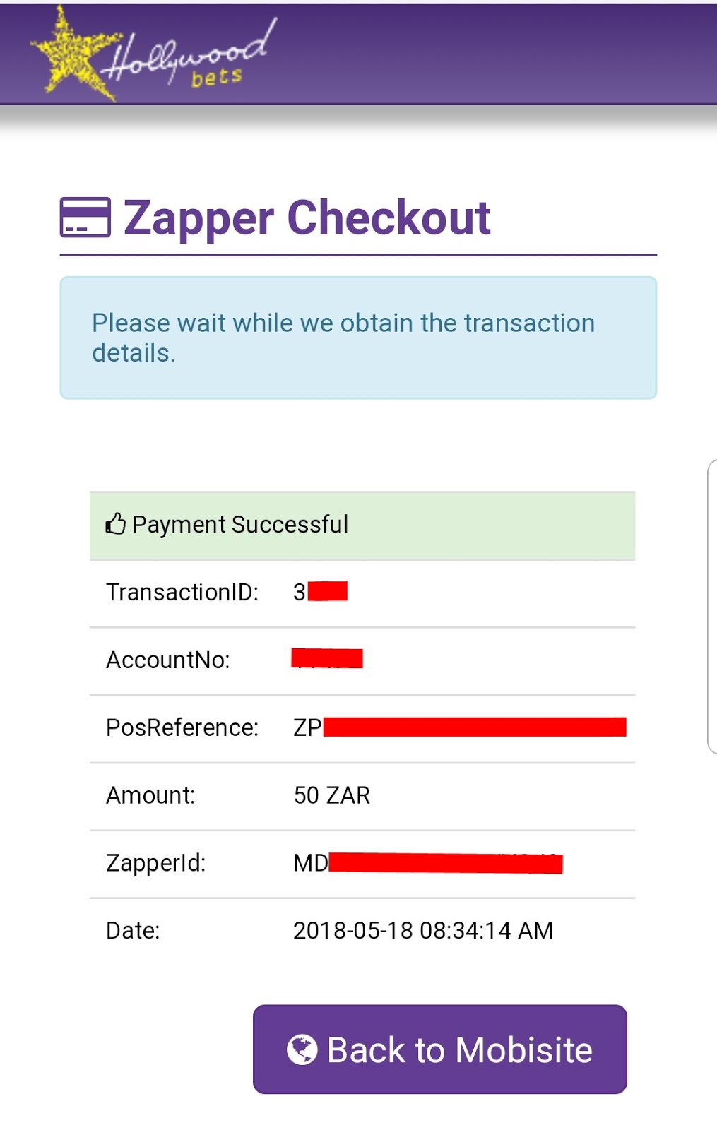 Zapper - Hollywoodbets - How to Deposit - Step 10