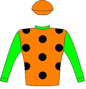 Fiorella - Silks - Owner: Mr D D MacLean - Colours: Dayglo orange, black spots, dayglo green collar and sleeves, dayglo orange cap