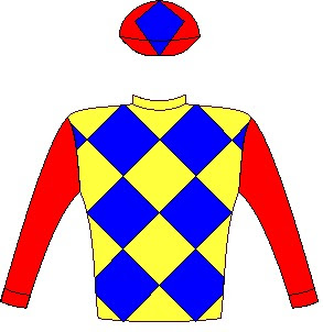 Pack Leader - Silks - Owner: Chrigor Stud (Pty) Ltd (Nom: Mrs S Hattingh) - Colours: Yellow and royal blue diamonds, red sleeves and cap, royal blue diamond.
