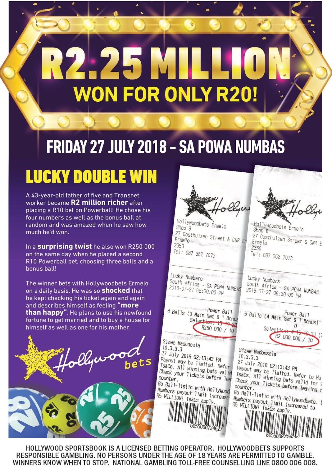 Hollywoodbets customer wins R2.25 Million with just R20! Betting on SA Powa Numbas. 27 July 2018.