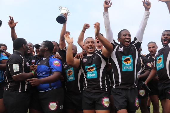 Rugby players from UKZN Durban celebrate their Junior Murray Cup win. 