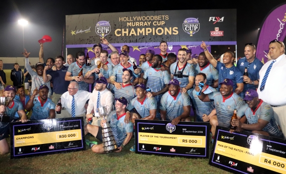College Rovers players and staff celebrate after winning the 2018 Hollywoodbets Murray Cup. 
