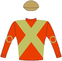 Doublemint - Silks - Horse Racing - Scarlet, gold crossed sashes, scarlet sleeves with gold circle, gold cap