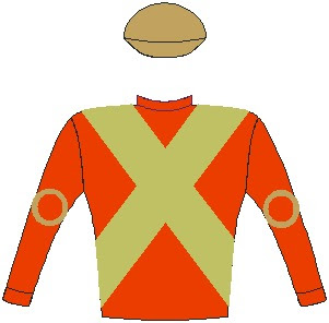 Tap O' Noth - Jockey Silks - Scarlet, gold crossed sashes, scarlet sleeves with gold circle, gold cap