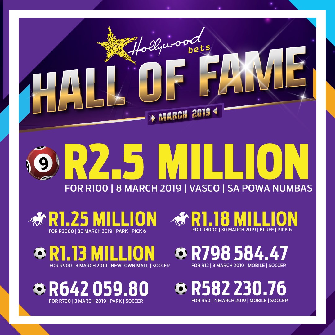 Hall of Fame - March 2019 - Hollywoodbets big winners including R2.5 Million win for a R100 bet