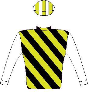 Twist Of Fate - Silks - River Palace Racing Syndicate  Colours: Black and gold diagonal stripes, white sleeves, white and gold striped cap