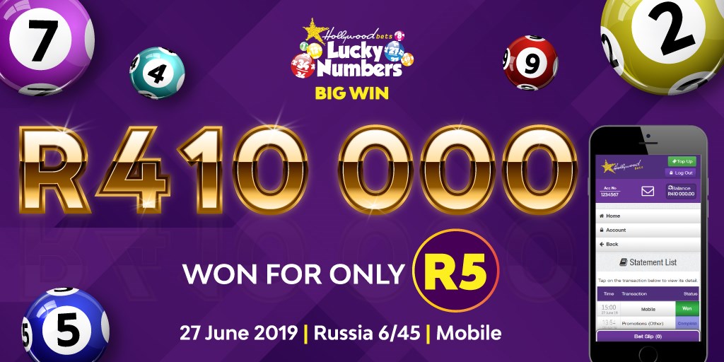 R410 000 won for only R5 - Hollywoodbets - 27 June 2019 - Russia 6/45 - Mobile - Lucky Numbers