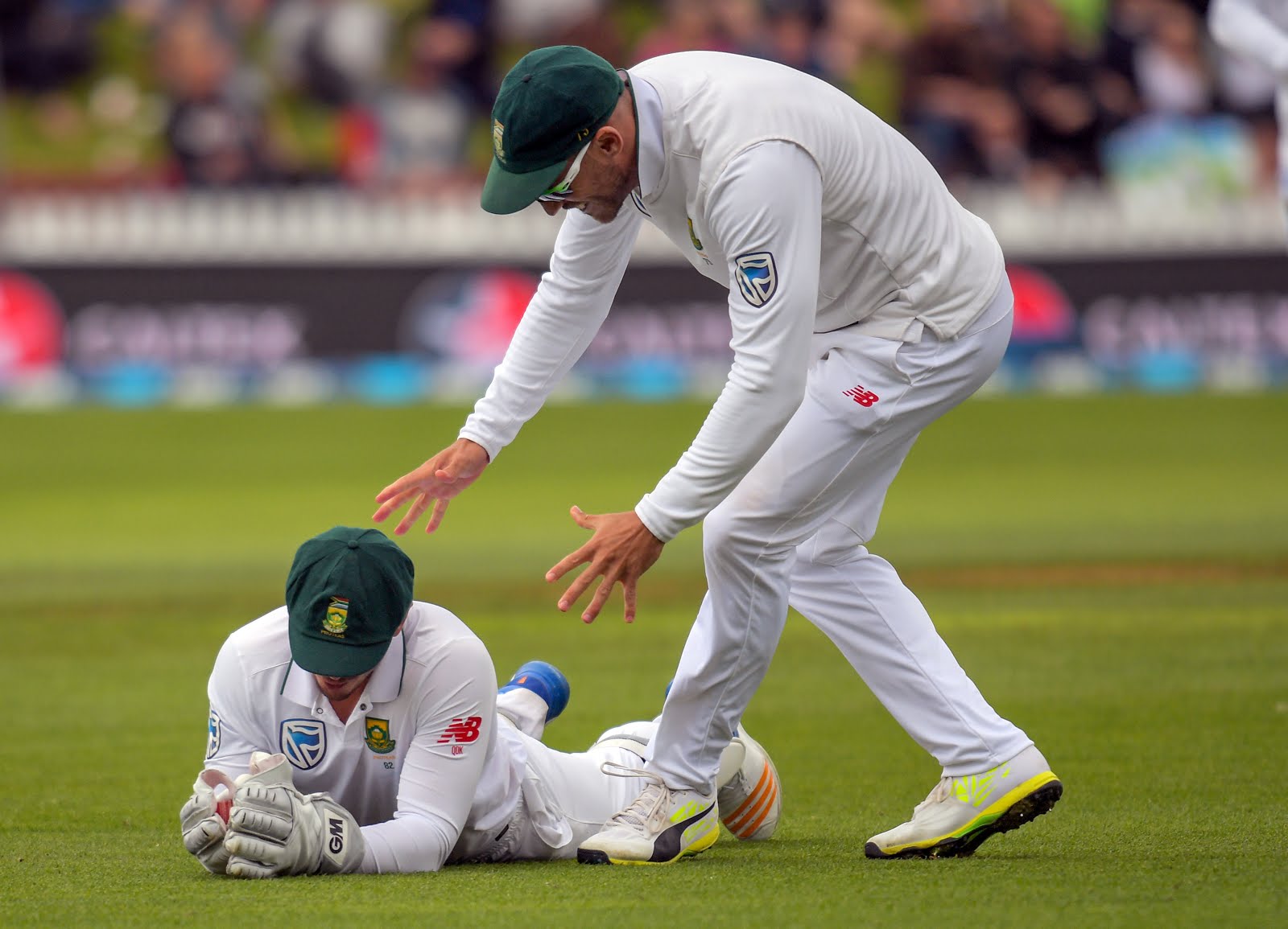 Quinton de Kock catches Neil Broom on day three of the first test between the New Zealand Black Caps and South Africa Proteas at Hawkins Basin Reserve in Wellington, New Zealand on Saturday, 18 March 2017