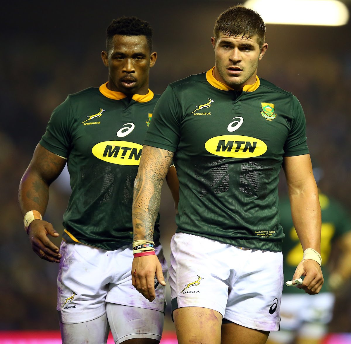  Siya Kolisi (captain) with Malcolm Marx of South Africa during the Castle Lager Outgoing Tour match between Scotland and South Africa
