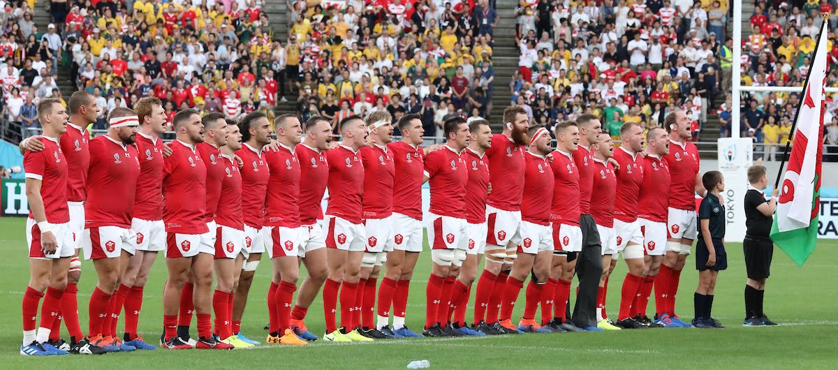 Wales line up for their national anthem. Australia v Wales, Rugby World Cup, Pool D, Tokyo Stadium, Tokyo, Japan, Sunday 29th September 2019