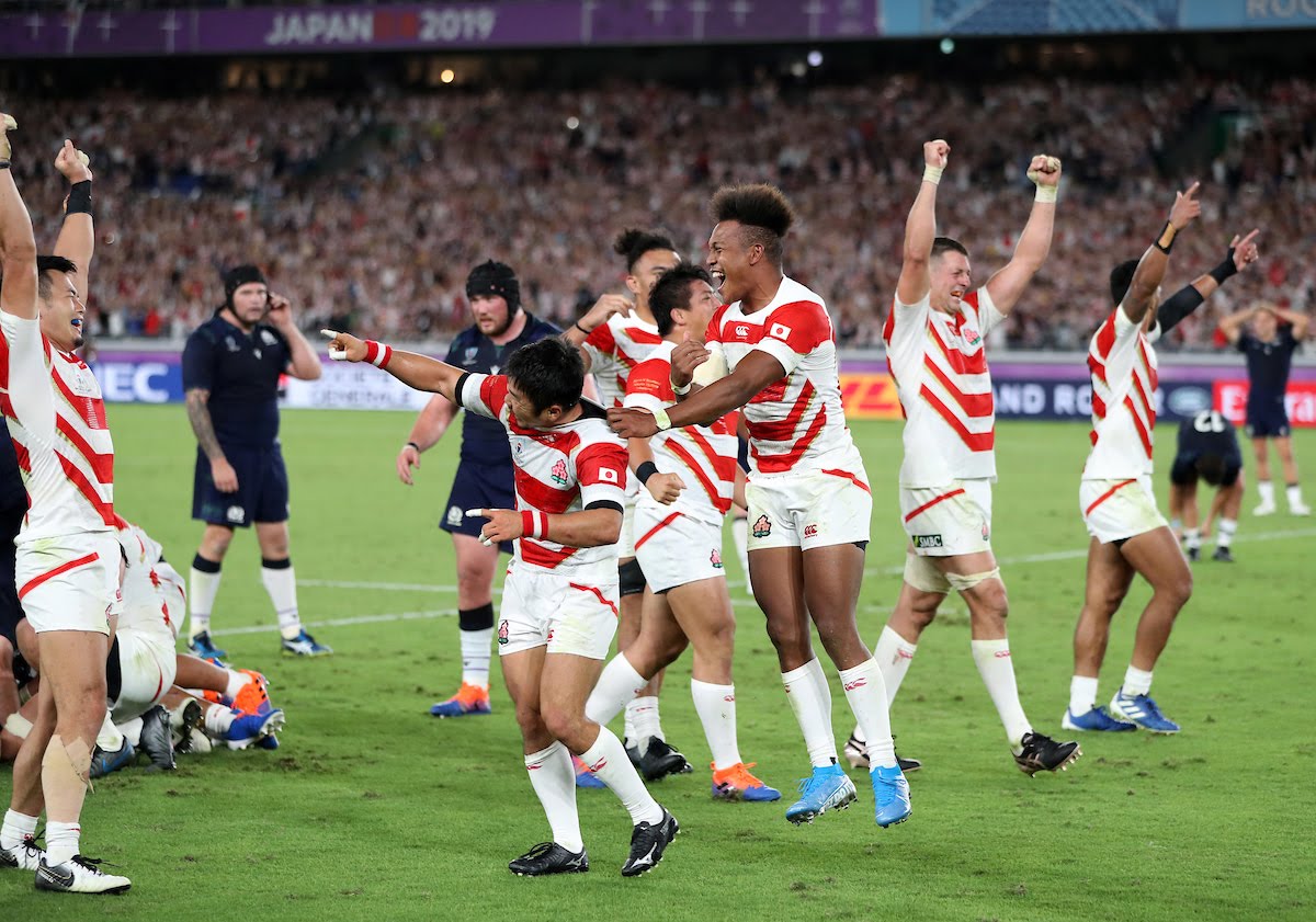 Japan players are ecstatic at full time as they celebrate a famous victory and a place in the 1/4 Finals of the Rugby World Cup but knock Scotland out of the tournament.