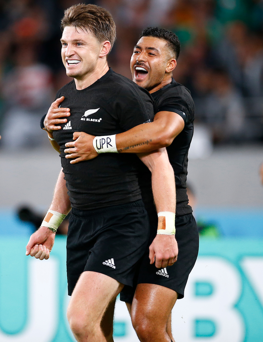 Beauden Barrett with Richie Mo’unga of New Zealand (All Blacks) after his try during the New Zealand and Ireland Rugby World Cup Quarter-Final at the Tokyo Stadium, Nishimachi,