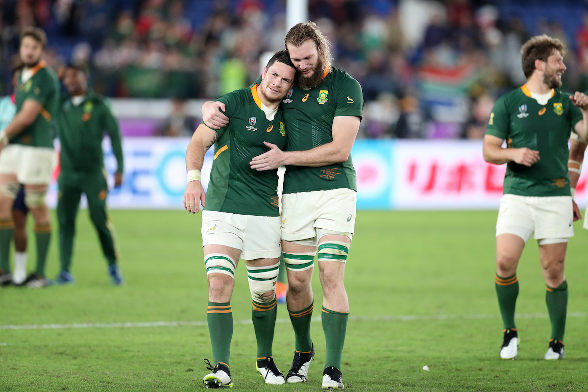 Frans Louw and RG Snyman embrace after South Africa beat Wales in their World Cup semi-final