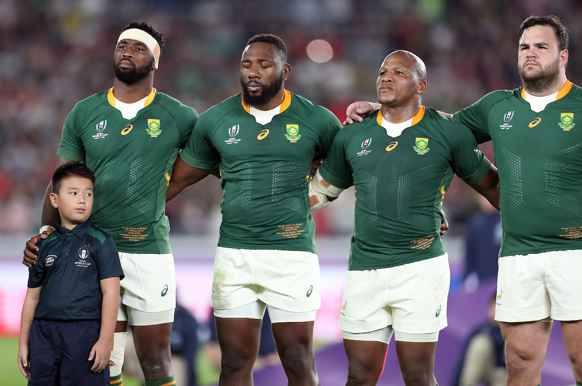 Springboks Line up for anthem at the 2019 Rugby World Cup. Siya Kolisi, Beast, Bongi Mbonambi, and Frans Malherbe