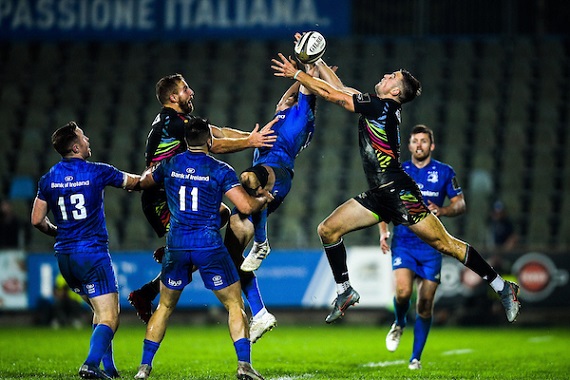  Hugo Keenan of Leinster in action against Edoardo Padovani of Zebre during the Guinness PRO14 Round 4 match between Zebre and Leinster
