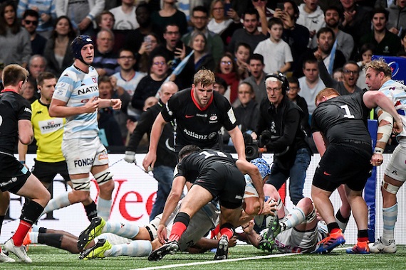 Wenceslas LAURET of Racing 92 scores a try during the European Rugby Champions Cup, Pool 4 match between Racing 92 and Saracens on November 17, 2019