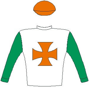Jockey Silks for Owner: Mr Roy Moodley -  Colours: White, orange maltese cross, emerald green sleeves, orange cap.