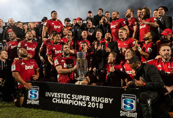 The Crusaders celebrate winning the 2018 Super Rugby title
