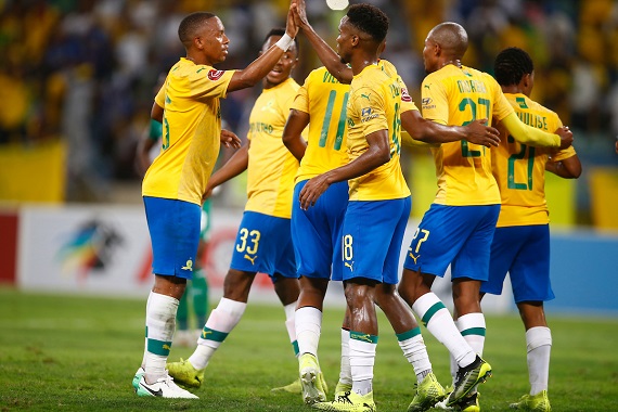 Mamelodi Sundowns players celebrating a goal against AmaZulu