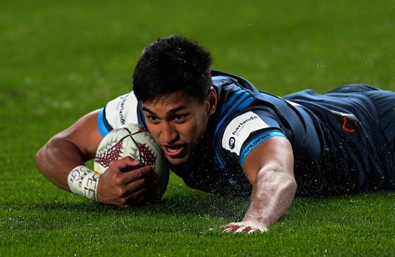 Rieko Ioane of the Blues scores a try against the touring British and Irish Lions